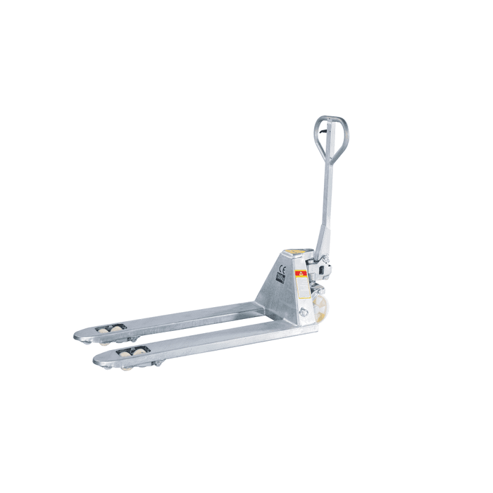 Galvanised pallet truck for use where the next level of corrosion protection is required over a painted pallet truck. Using the AC pump unit and nylon wheels, available with standard or stainless steel bearings