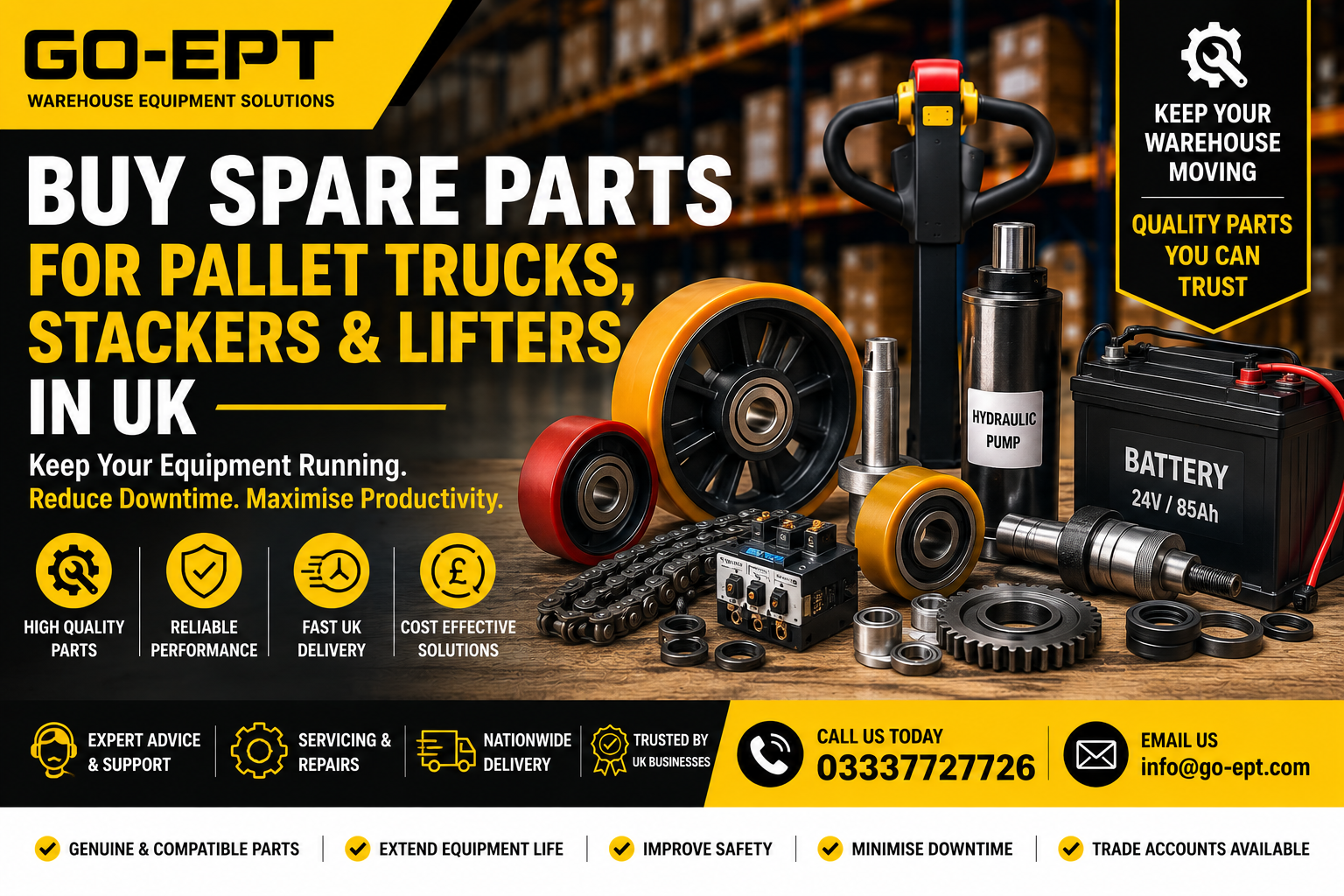 Buy spare parts for pallet trucks stackers and lifters in UK warehouse operations