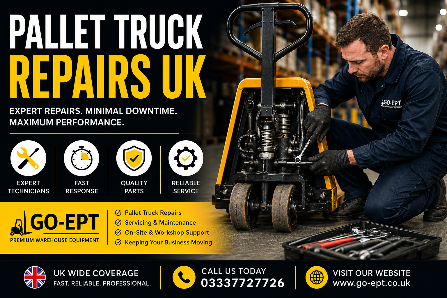 Professional pallet truck repairs UK engineer servicing an electric pallet truck