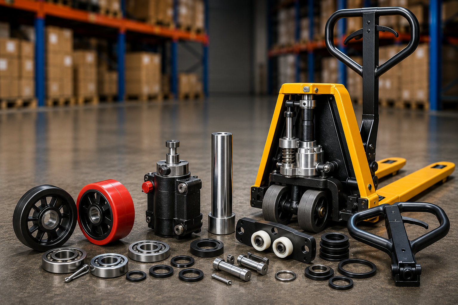 Pump truck parts UK including hydraulic pump, wheels and handle assembly