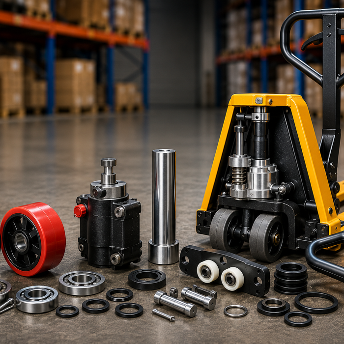 Pump truck parts UK including hydraulic pump, wheels and handle assembly