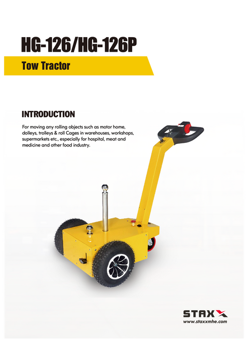 Brochure page 1  of the HG126P Tow tractor designed for moving cages, trailers, caravans and more, taking the strain out manoeuvring heavy loads up to 2500kg, fitted with 2 50mm hitch balls mounted at different heights offering flexibility to the user.