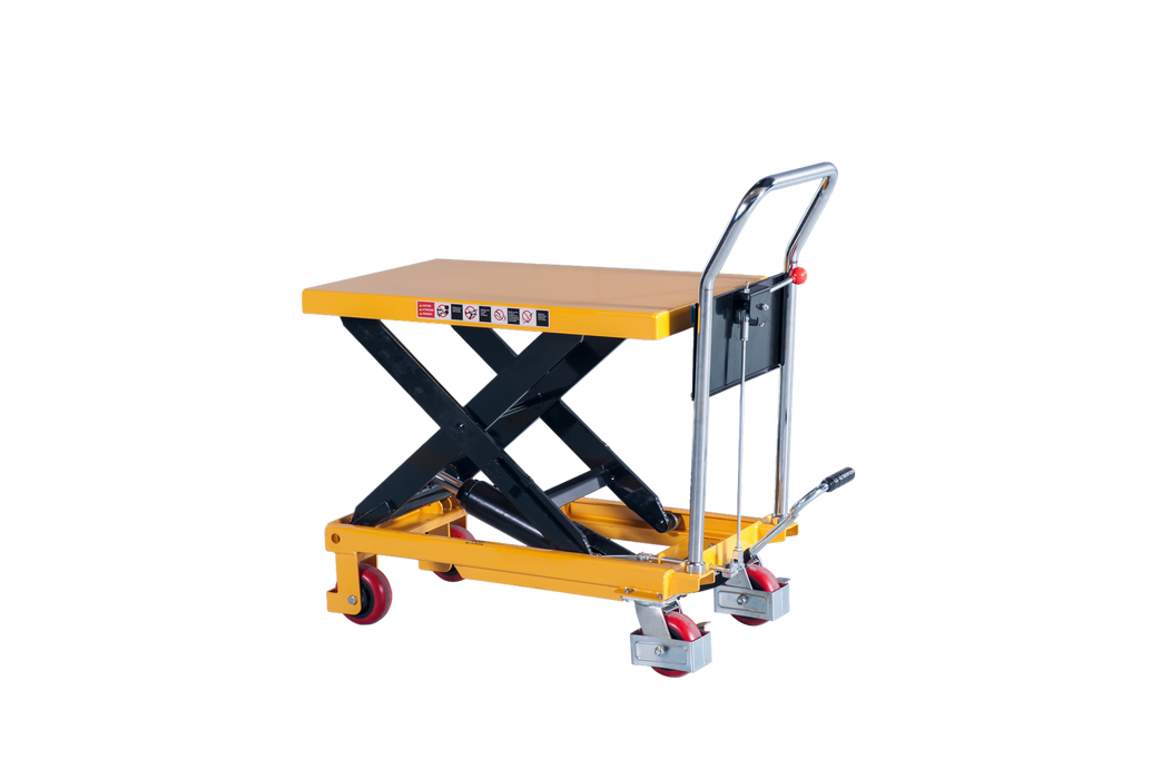 500kg capacity lift table, also known as mobile scissor lift table. features 2 fixed castor wheels and 2 braked swivel castors giving great manoeuvrability. Also includes a quick operation folding handle for transporting and storage.