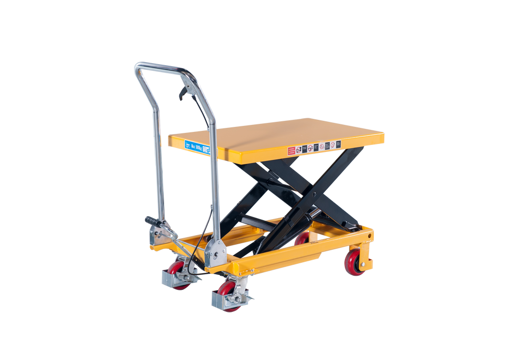 500kg capacity lift table, also known as mobile scissor lift table. features 2 fixed castor wheels and 2 braked swivel castors giving great manoeuvrability. Also includes a quick operation folding handle for transporting and storage.