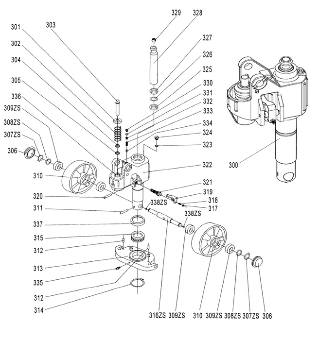 Pallet truck parts diagram for truck with a 35mm diameter lift ram