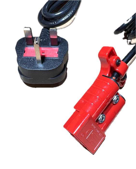 Picture showing the 2 plug connections on the battery charger for electric pallet trucks, 48v 5a output, with standard uk 3 pin plug. genuine STAXX part, 