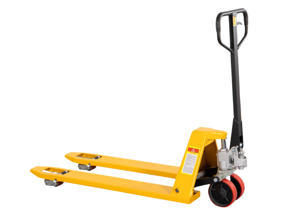 Yellow pallet jack on a gray background
