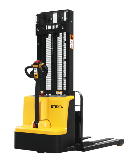 Electric straddle stacker truck with adjustable forks, 1500kg lifting capacity with variable speed lift and lower, smooth drive and durable quality. Viewed from the side.