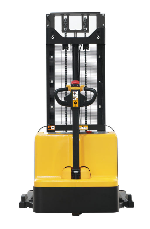 Electric straddle stacker truck with adjustable forks, 1500kg lifting capacity with variable speed lift and lower, smooth drive and durable quality. Viewed from the operators perspective.